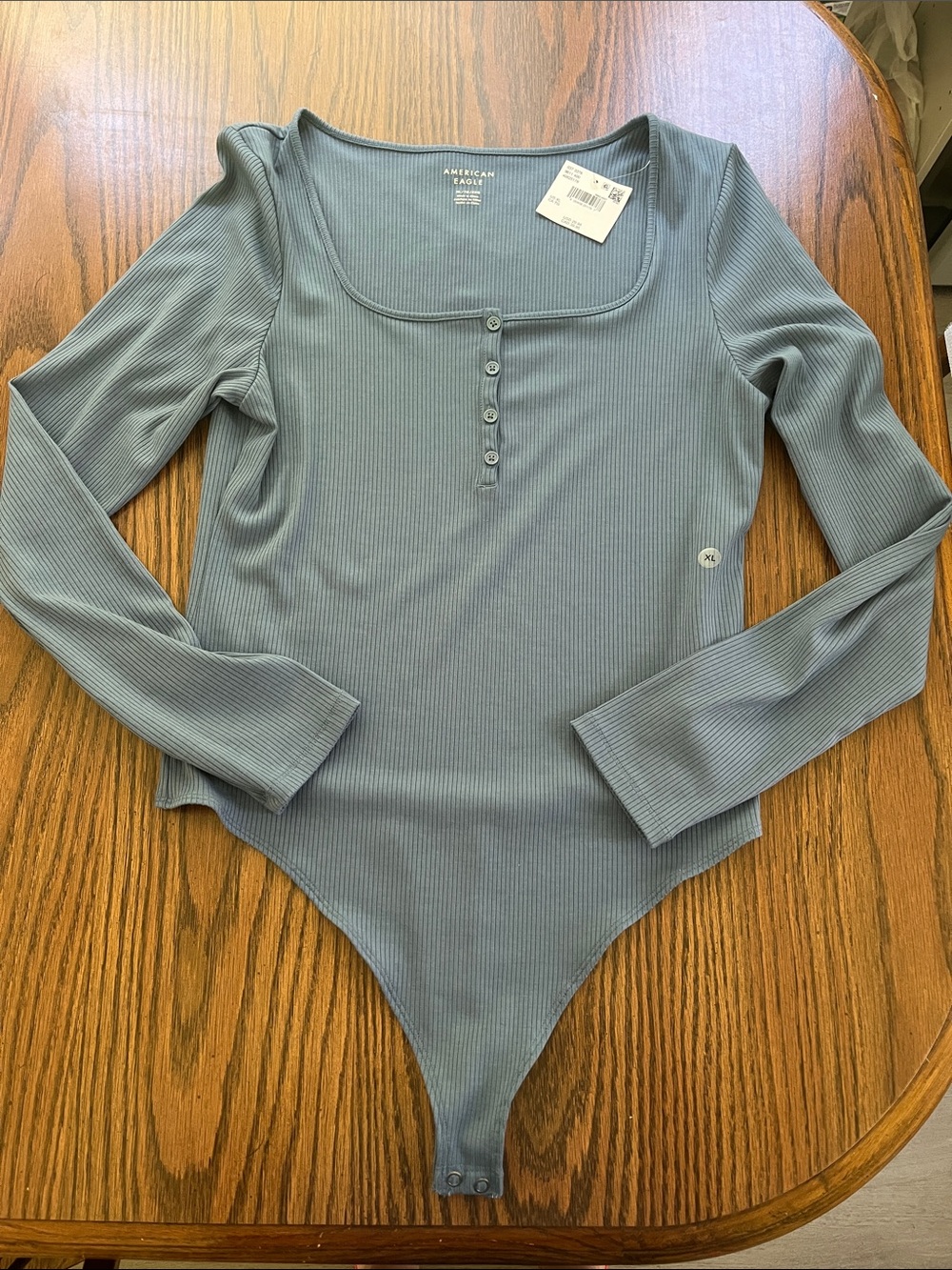 American Eagle Outfitters Ribbed Henley Long Sleeve Bodysuit - Slate Blue
